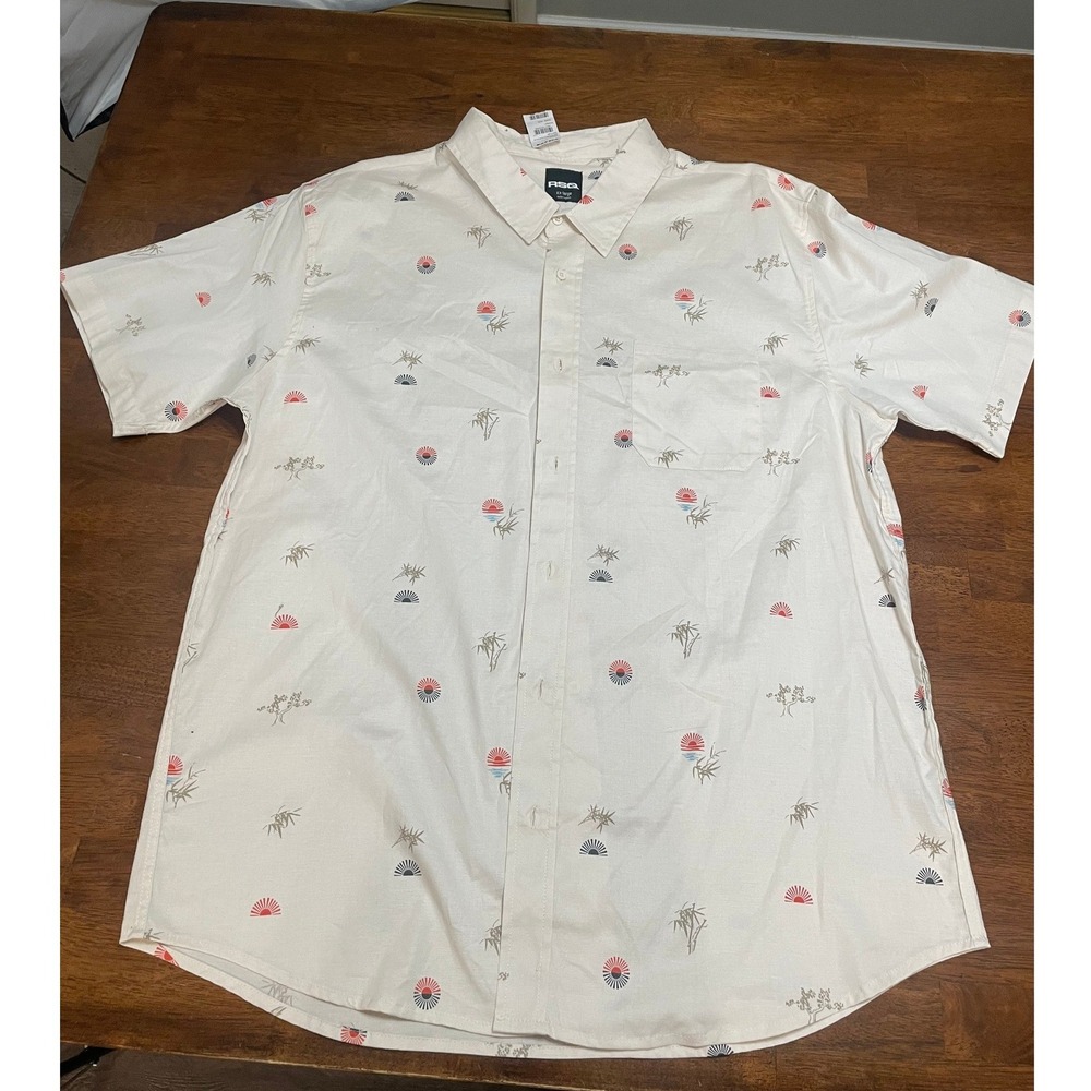 RSQ Mens Bamboo Rising Sun Print Short Sleeve Button Up Shirt Natural XXL NWT